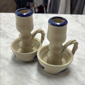 Set of Two Williamsburg VA Pottery Candle Stick Holders Blue Salt Glaze Aprox 5"
